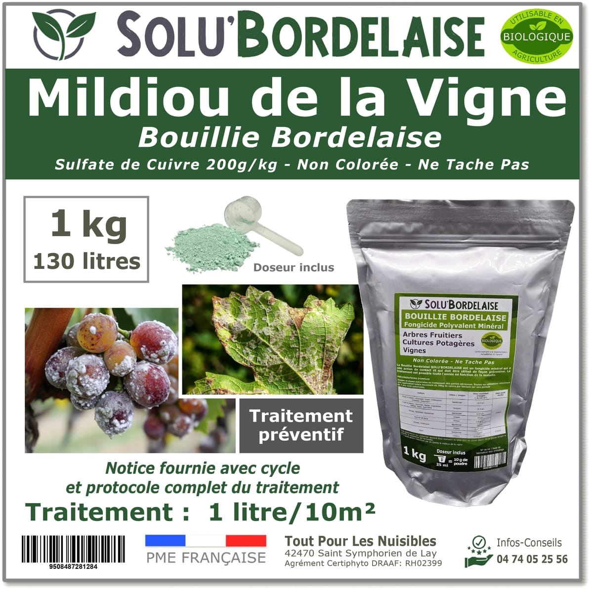 Bouillie Bordelaise Non Colorée spécial Mildiou de la vigne, SOLU