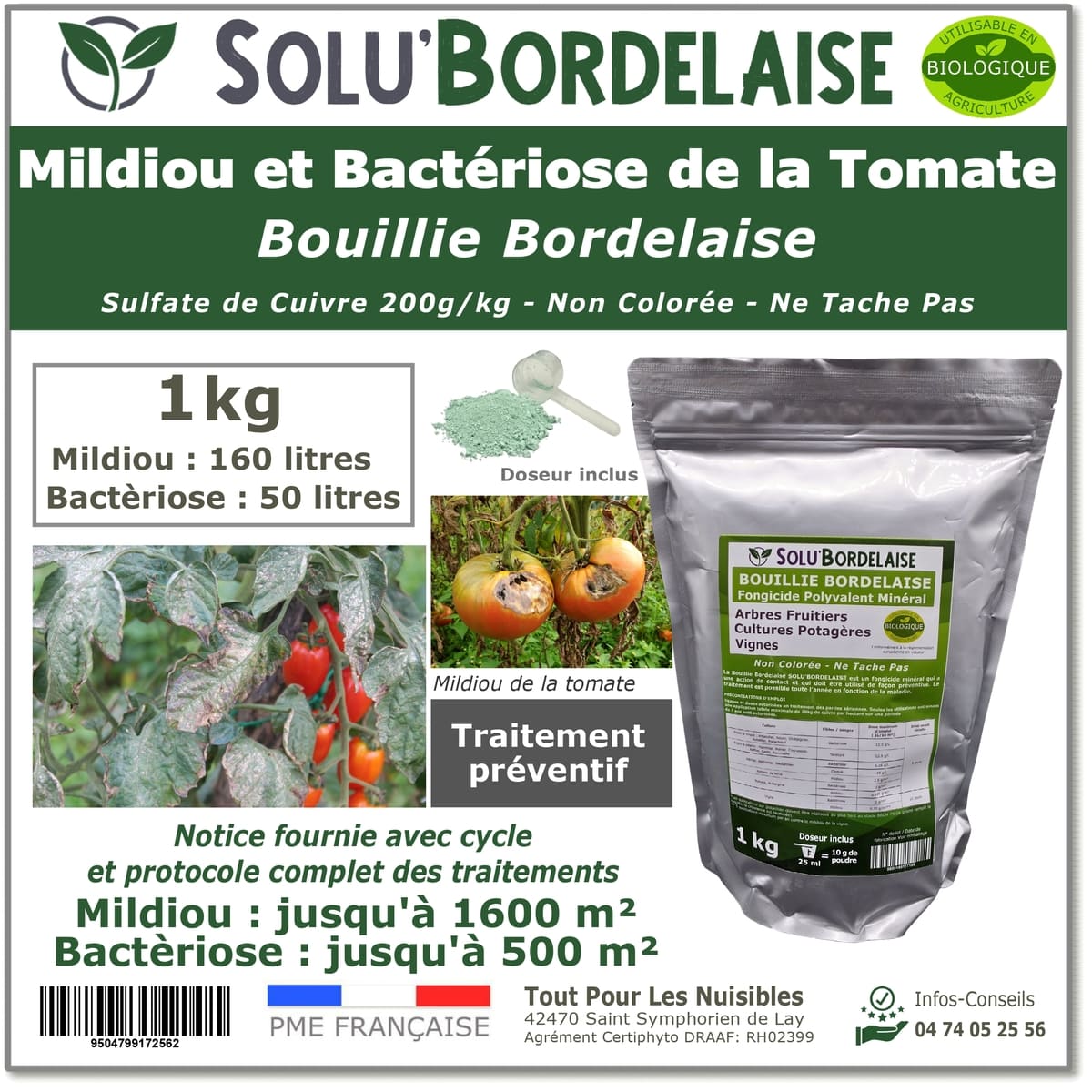 Bouillie Bordelaise Non Colorée spécial Mildiou et Bactériose de la Tomate, SOLU
