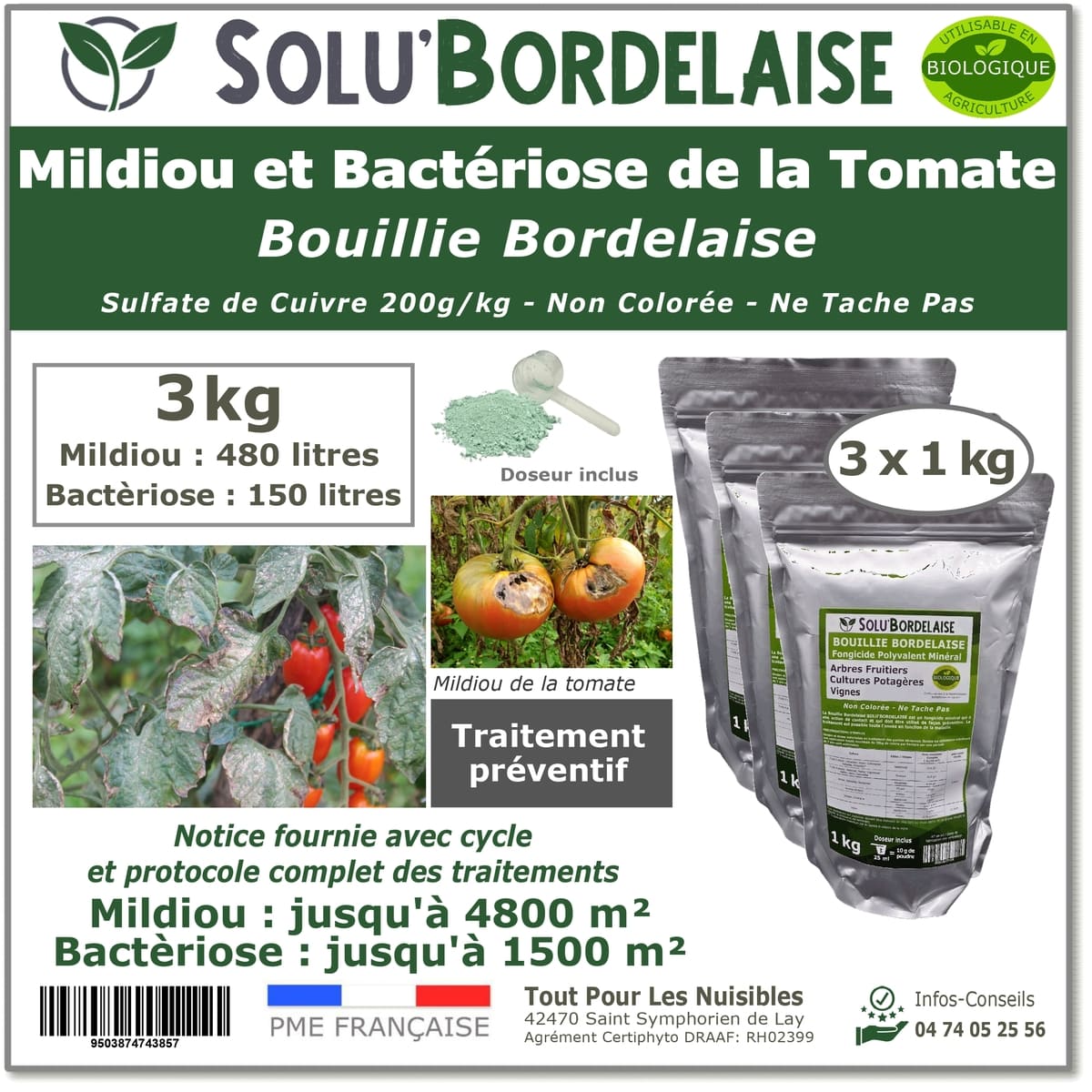 Bouillie Bordelaise Non Colorée spécial Mildiou et Bactériose de la Tomate, SOLU