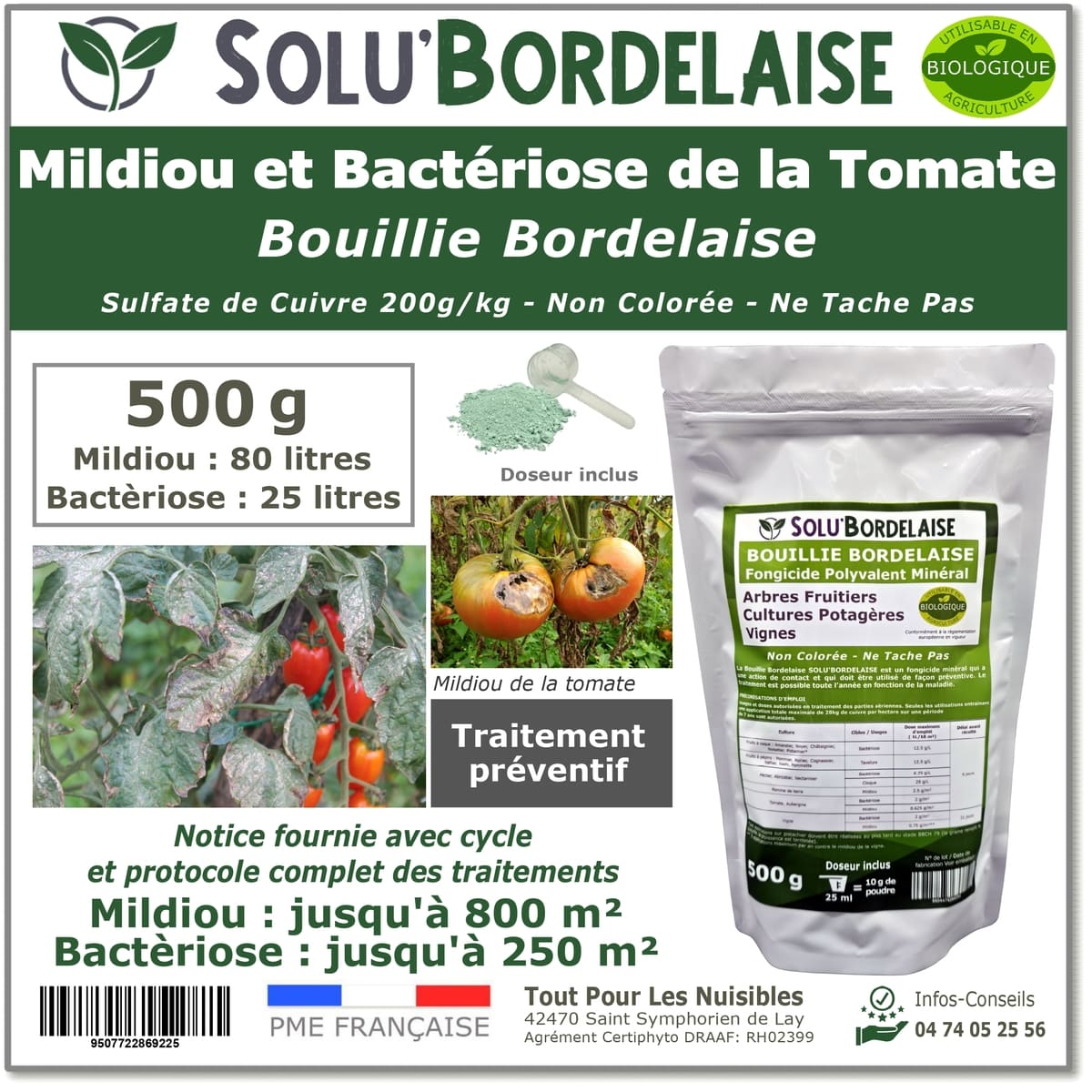 Bouillie Bordelaise Non Colorée spécial Mildiou et Bactériose de la Tomate, SOLU