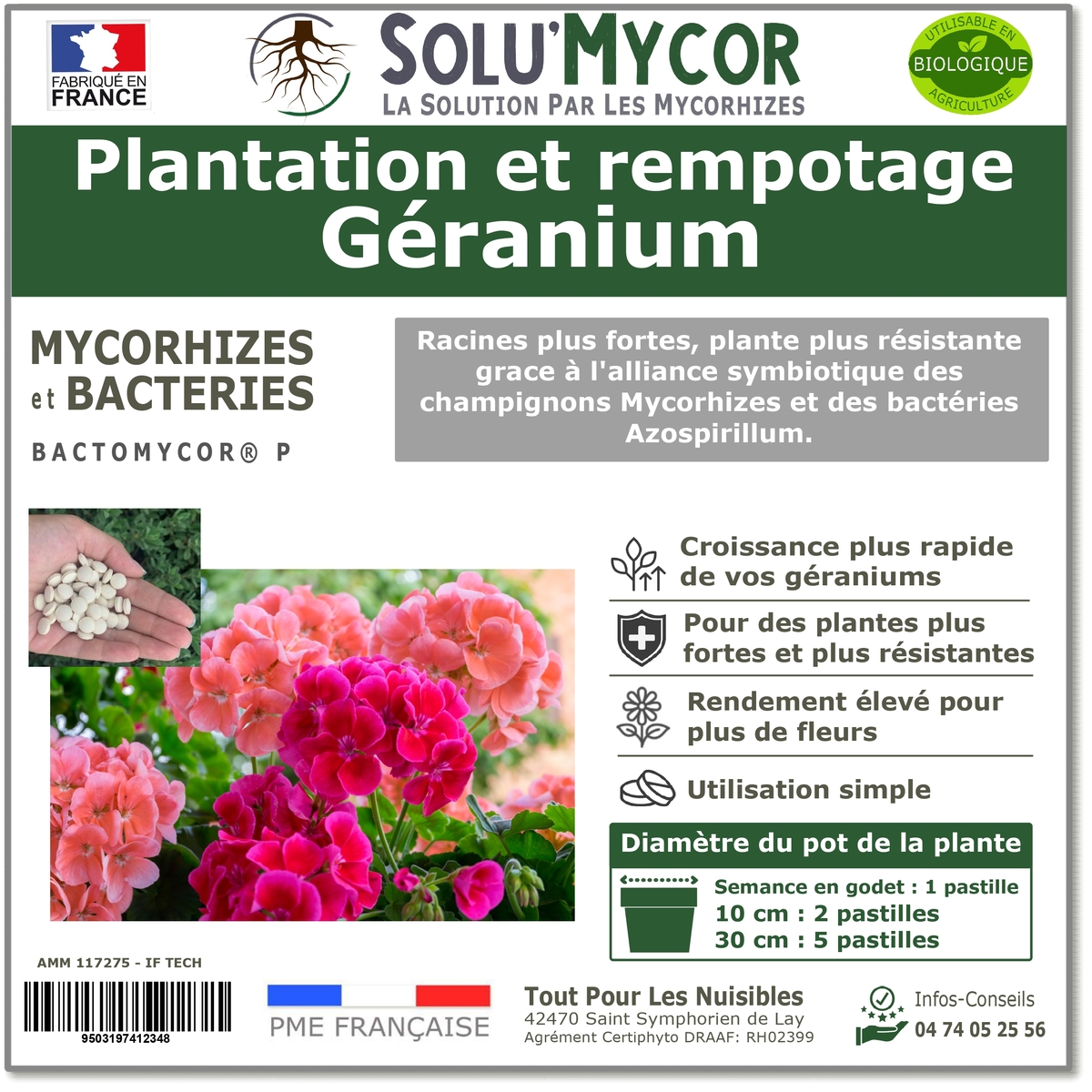 Pastilles biostimulantes MYCORHIZES et bactéries pour semis et plantation spécial Géraniums, SOLU
