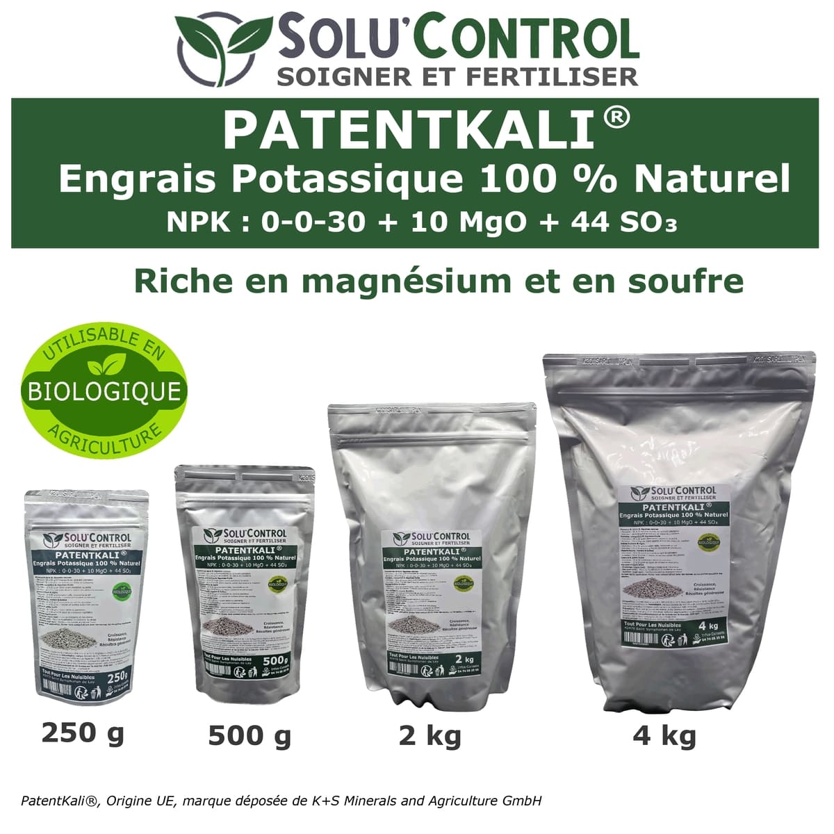 PatentKali® SOLU’CONTROL – Engrais Potassique 100% Naturel – NPK 0-0-30 + Magnésium (MgO 10%) et Soufre (SO₃ 44%) – Plantes, Potager, Fruits, Fleurs – Utilisable en Agriculture Biologique